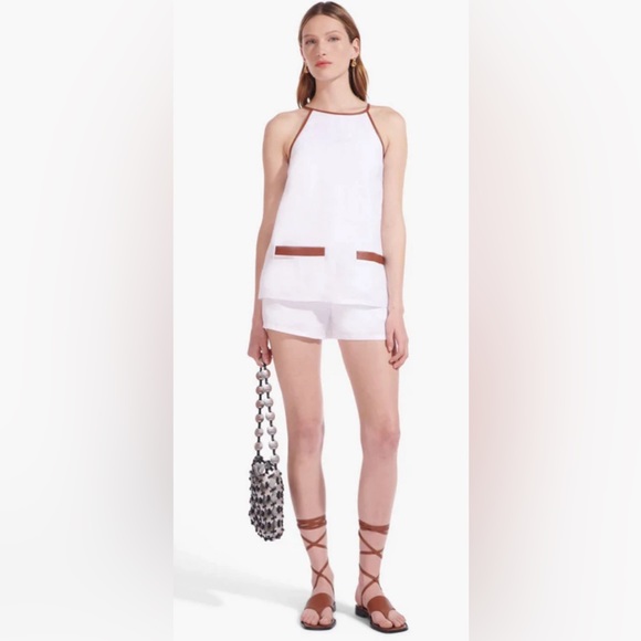 Staud Matheo Linen Leather Trim Romper in White Whiskey NWT - Picture 3 of 14